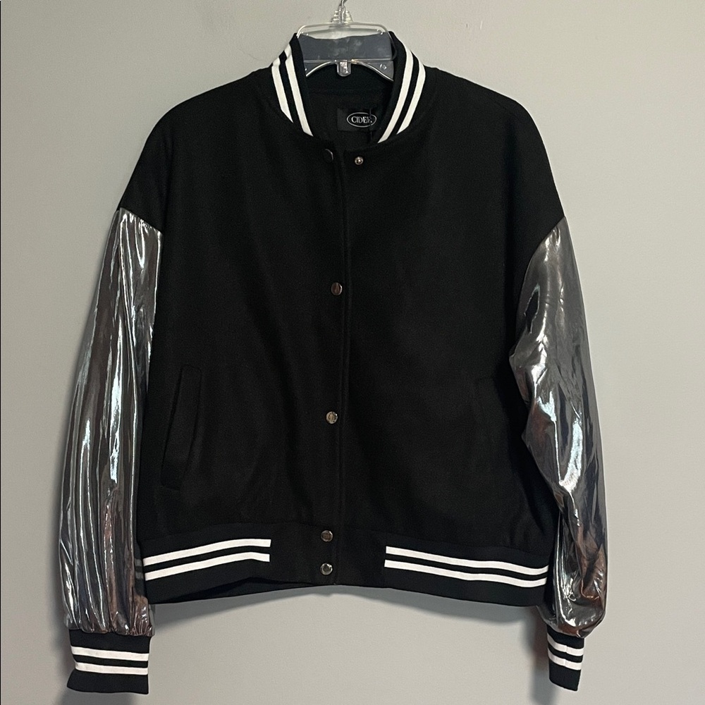 Cider Black Bomber Jacket With Silver Metallic Sleeves
